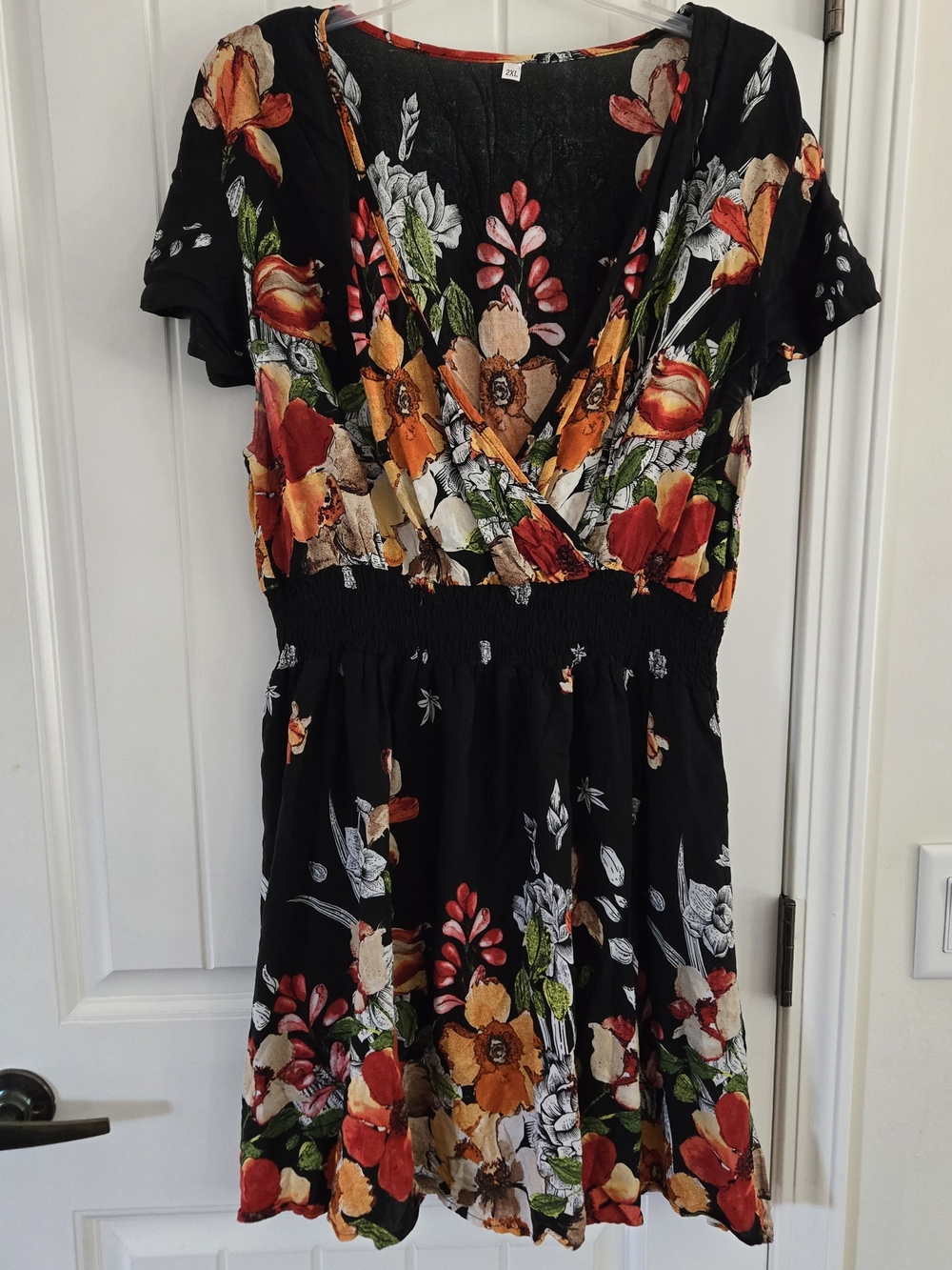 Luna Tuccini Black Floral Wrap Mini Dress Boho Smocked Waist 2XL